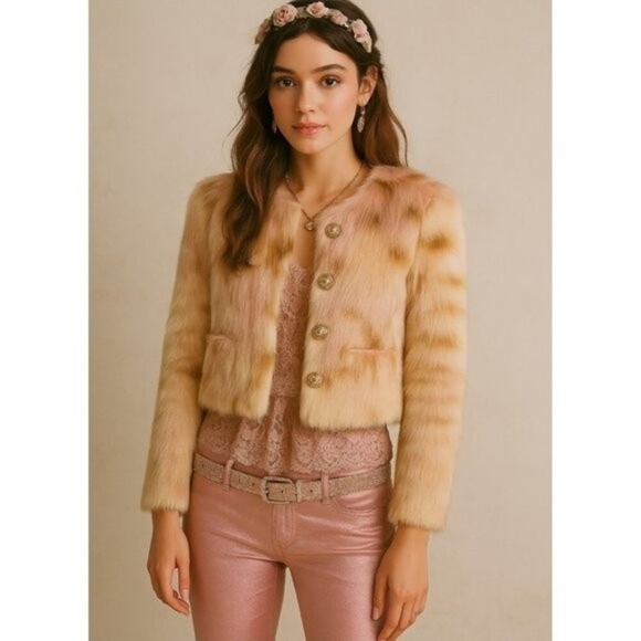 NIMO WANG Faux Fur Jacket Multicolor Pink Brown White |Boho Statement Outerwear - Picture 1 of 12
